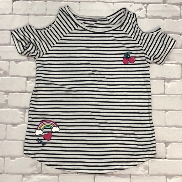 White and Navy blue Striped Off-the-Shoulder T-Shirt - Picture 1 of 5